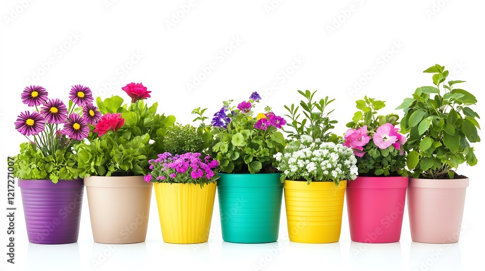 Colorful potted flowers arranged in a row, showcasing vibrant blooms and lush greenery against a white background. Colorful potted flowers arranged in a row, showcasing vibrant blooms and lush greenery against a white background.