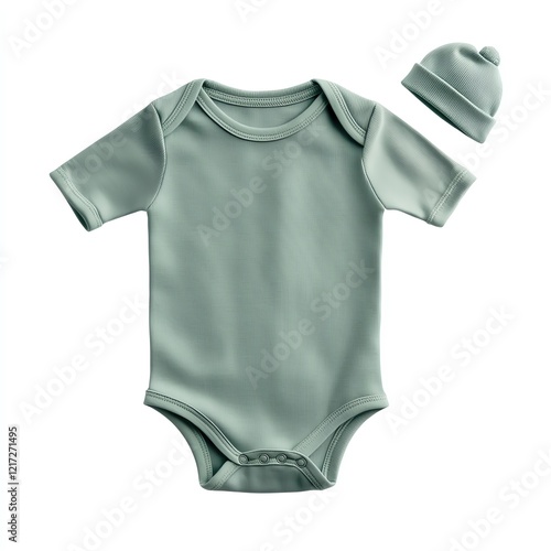 Cute mint green baby onesie with matching hat, perfect for infants and newborns. Stylish and comfortable outfit for any baby. photo