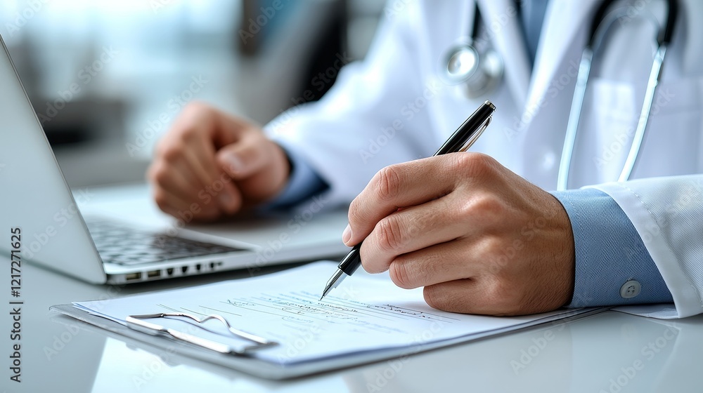 Doctor filling out paperwork with a patient, with a close-up showing hands writing on forms and operating a laptop. This scene conveys the concept of medicine and healthcare Doctor filling out paperwork with a patient, with a close-up showing hands writing on forms and operating a laptop. This scene conveys the concept of medicine and healthcare