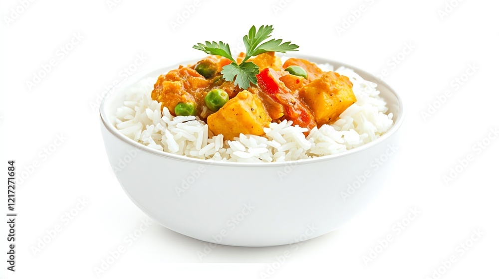 Delicious bowl of colorful vegetable curry served over fluffy white rice, garnished with fresh cilantro, against a white background. Delicious bowl of colorful vegetable curry served over fluffy white rice, garnished with fresh cilantro, against a white background.