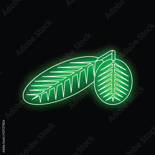 Green neon sign showing two bay leaves, a symbol for cooking and flavor, on a black background