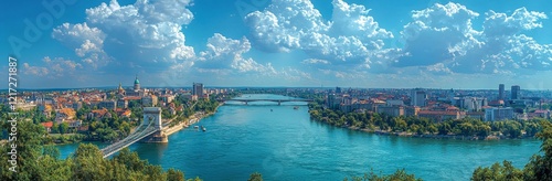 Aerial shot of Novi Sad along the Danube River in Serbia