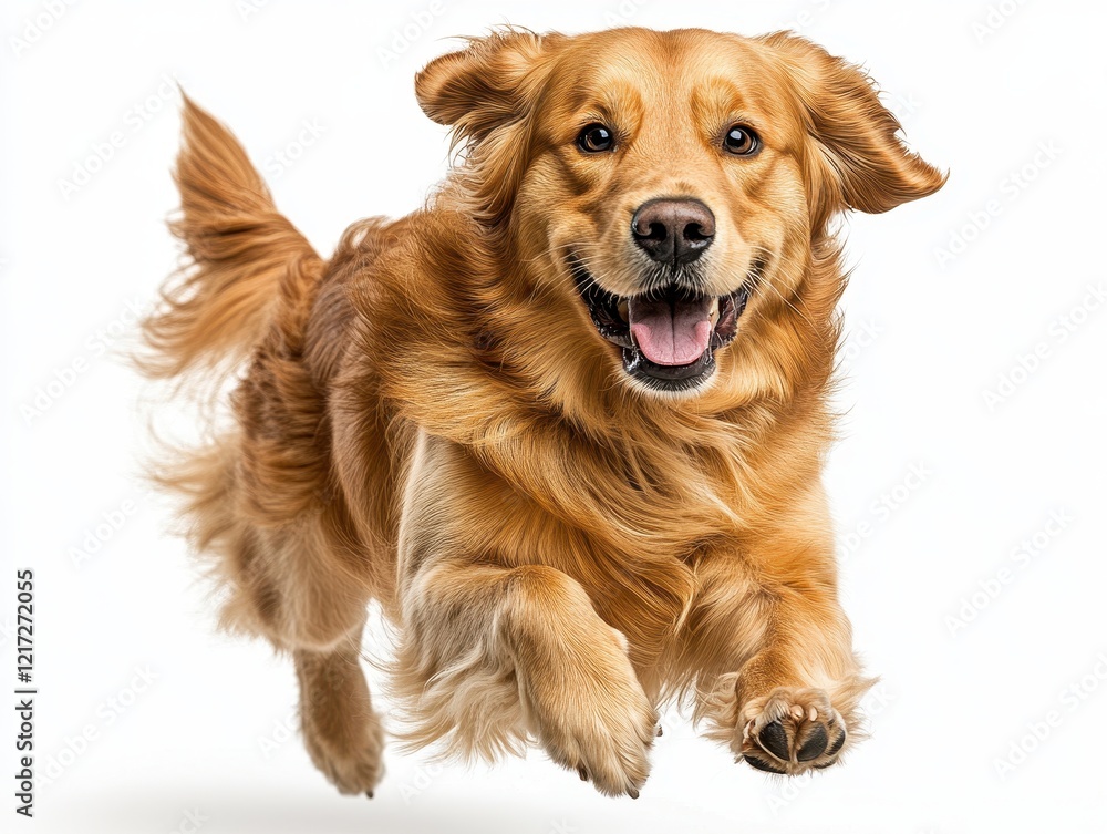 A joyful golden retriever running playfully in a bright, white setting. A joyful golden retriever running playfully in a bright, white setting.