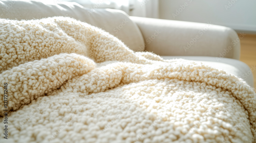 Textured beige boucle blanket draped over contemporary sofa in a well-lit living room with soft natural light. Concept of comfort, luxury in modern home decor, blending aesthetic appeal with coziness Textured beige boucle blanket draped over contemporary sofa in a well-lit living room with soft natural light. Concept of comfort, luxury in modern home decor, blending aesthetic appeal with coziness