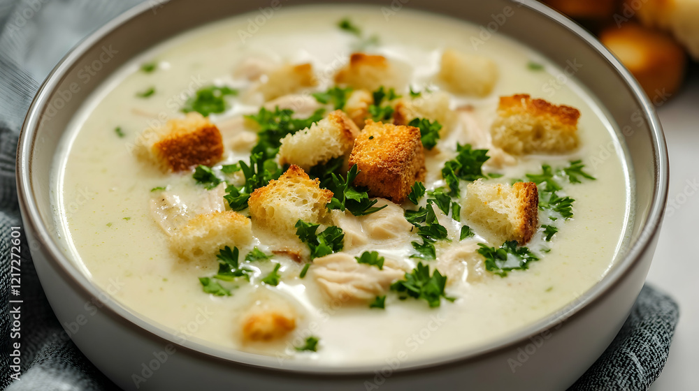 A clean bowl of creamy chicken soup garnished with croutons and chopped parsley under soft natural light A clean bowl of creamy chicken soup garnished with croutons and chopped parsley under soft natural light
