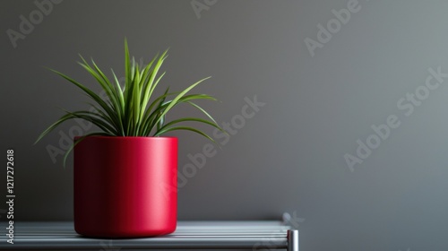 Small potted plant in a red pot on a grey surface. the pot is cylindrical in shape and has a smooth texture. the plant has long, thin green leaves that are pointed and pointed at the tips. photo