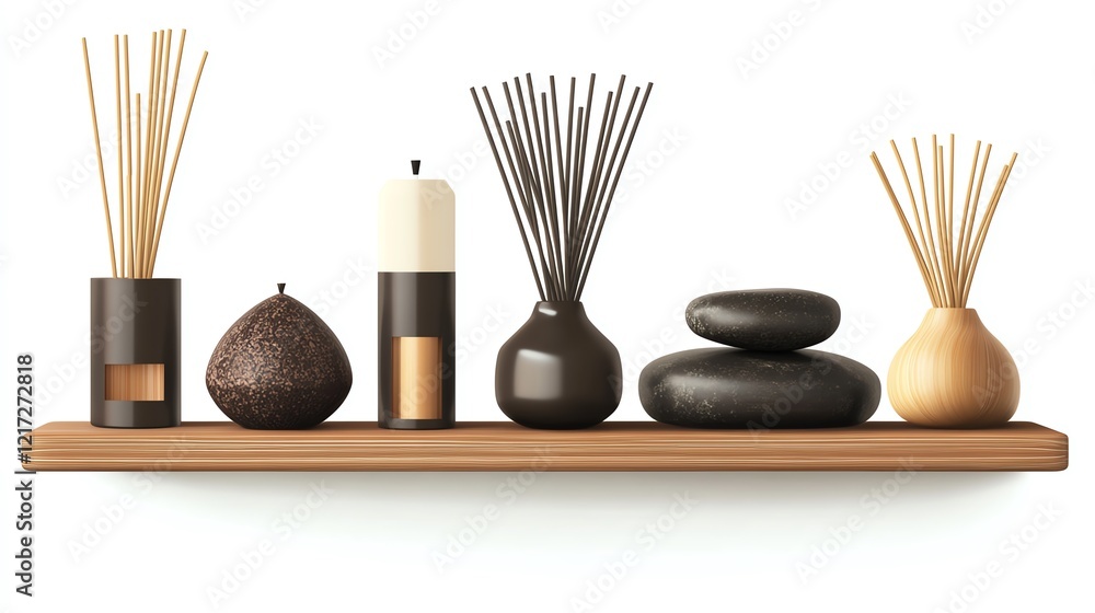 Elegant decor arrangement of aroma diffusers, candles, and stones on a wooden shelf with a minimalist style. Elegant decor arrangement of aroma diffusers, candles, and stones on a wooden shelf with a minimalist style.