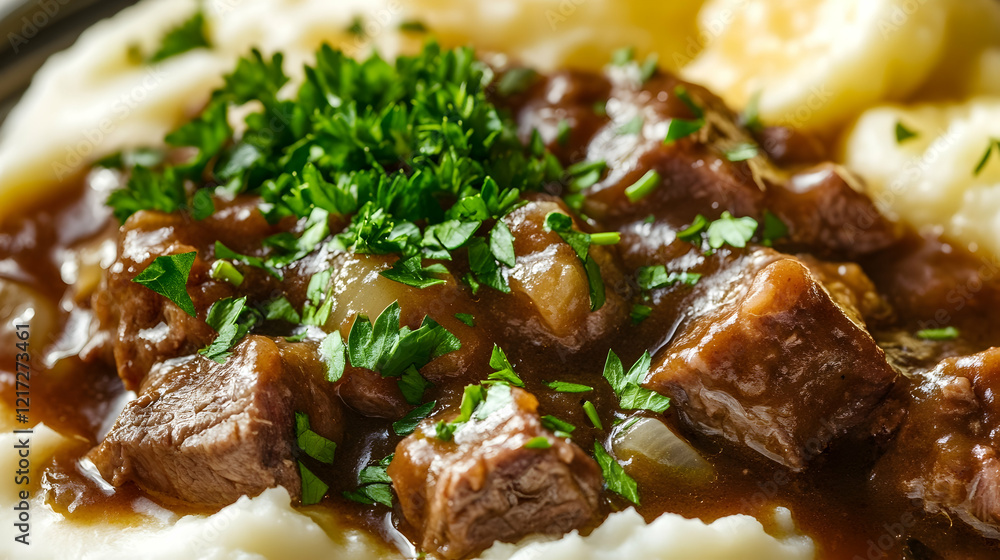 A close-up of lamb stew garnished with parsley and served with buttery mashed potatoes under warm lighting A close-up of lamb stew garnished with parsley and served with buttery mashed potatoes under warm lighting