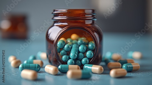 Capsules and pills cascading from a brown bottle onto a table, with an emphasis on contemporary medicine, prescriptions, and pharmaceutical advancements