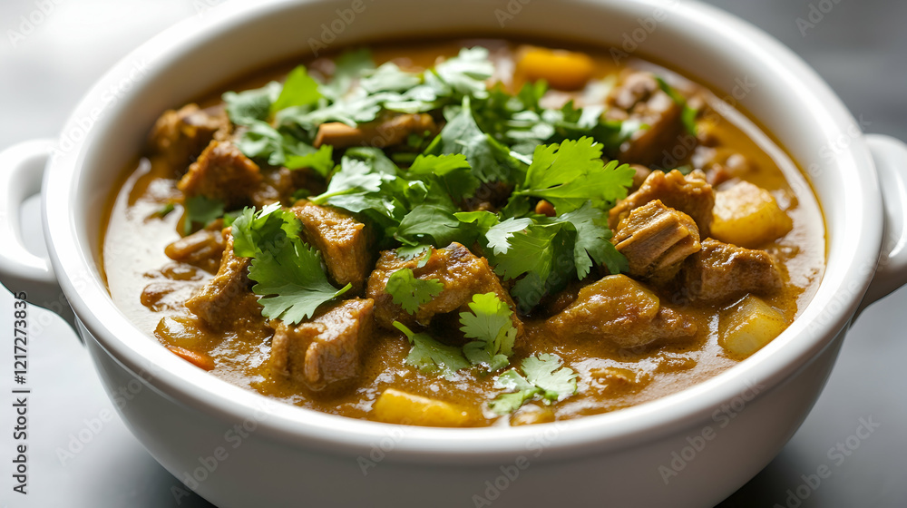 A detailed shot of mutton curry topped with fresh coriander and served in a clean white ceramic bowl under bright studio lighting A detailed shot of mutton curry topped with fresh coriander and served in a clean white ceramic bowl under bright studio lighting