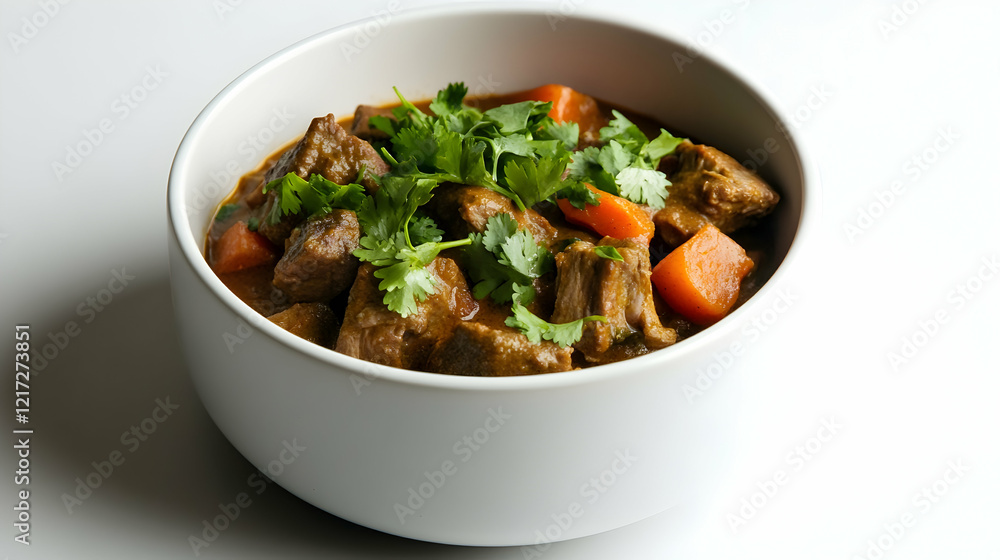 A detailed shot of mutton curry topped with fresh coriander and served in a clean white ceramic bowl under bright studio lighting A detailed shot of mutton curry topped with fresh coriander and served in a clean white ceramic bowl under bright studio lighting
