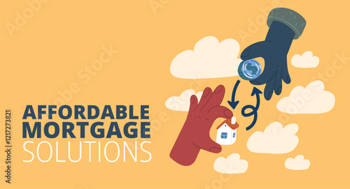 Vector illustration of one person holding a coin and another holding a house, swapping items to symbolize mortgage exchange