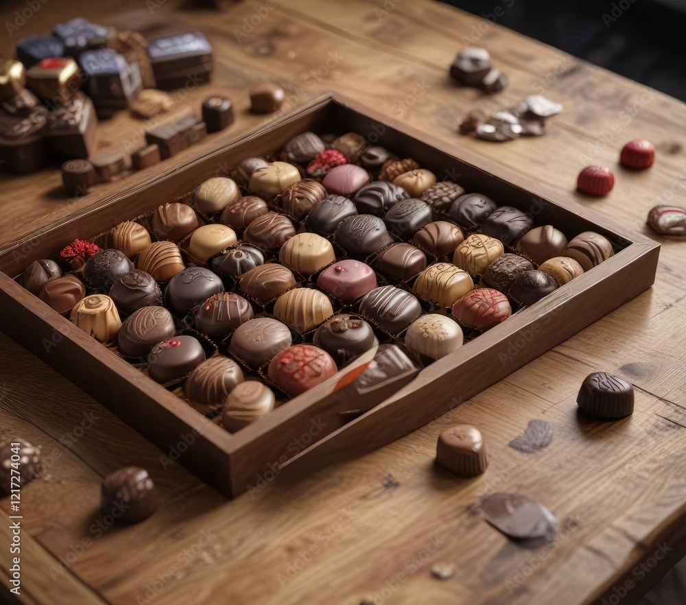 A box of luxurious chocolates on a wooden table, gift, sweet treat A box of luxurious chocolates on a wooden table, gift, sweet treat