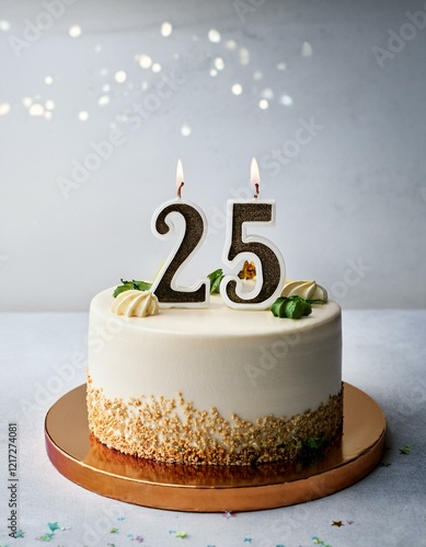 Decorated white cake for birthday or anniversary party, candle number 25, white background photo