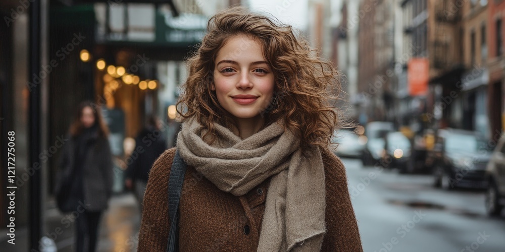 Fototapeta premium A confident woman walking in a vibrant city street, symbolizing joy and urban lifestyle. Ideal for lifestyle, fashion, and cityscape visuals.