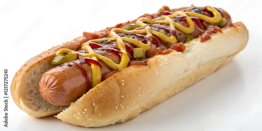 Classic hot dog with a zigzag of mustard on a soft bun isolated
Classic hot dog with a zigzag of mustard on a soft bun isolated