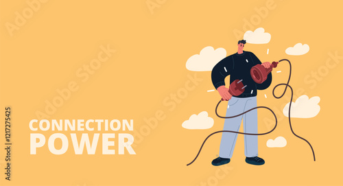 Vector illustration of a man connecting a plug to a socket, symbolizing the flow of energy and potential