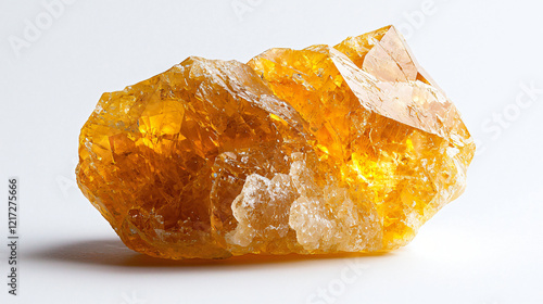 Citrine Gemstone with Fiery Orange Tint: A fiery orange citrine gemstone sparkling under focused studio lighting on a white background. photo