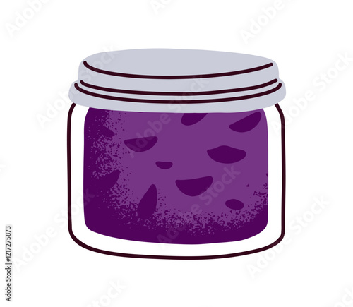 Jam jar with berry confiture. Sweet homemade preserve from organic natural fruit and sugar, sealed with lid. Canned plum marmalade spread. Flat vector illustration isolated on white background