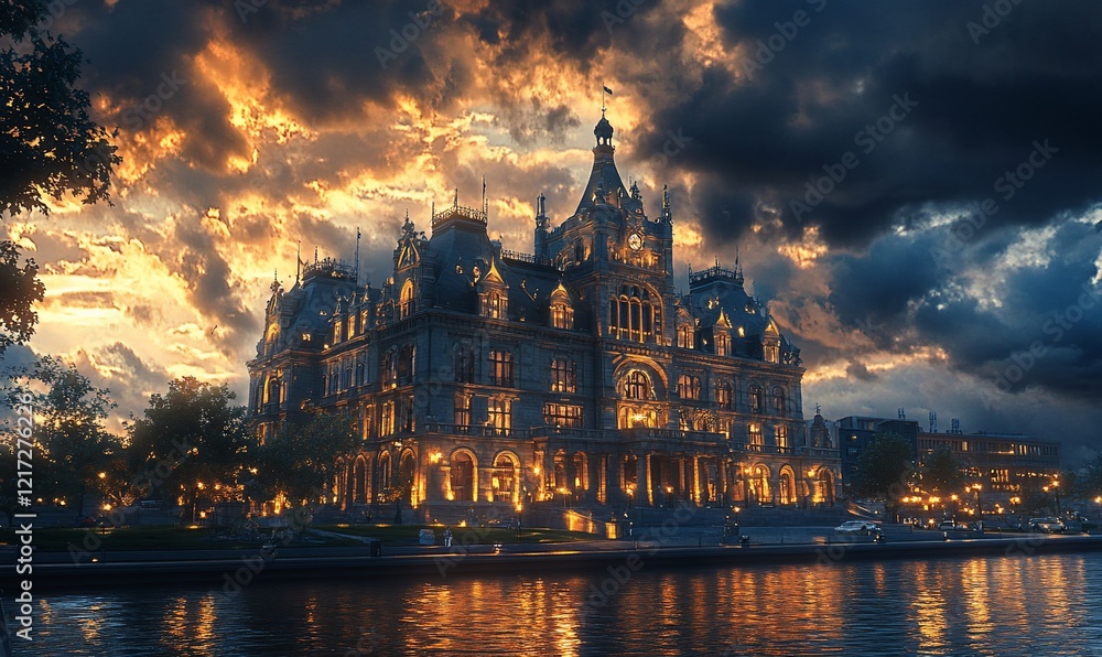 Obraz premium Dramatic sunset over illuminated riverside castle