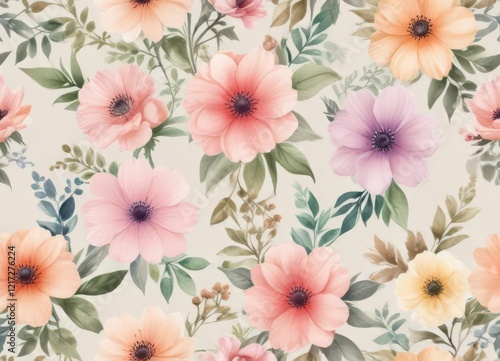 Wallpaper Mural Pastel watercolor flowers on a neutral background,  delicate,  soft Torontodigital.ca