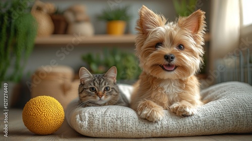 A banner background featuring a dog happily playing with a ball and a cat resting comfortably on a pet bed, with soft, soothing colors like pale yellow, light blue, and beige