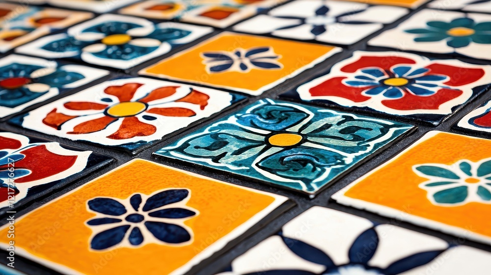 Fototapeta premium Intricate Geometric Patterns on Modular Tiles with Colorful Floral Designs