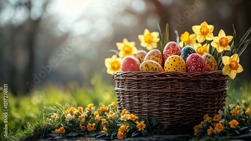 A basket filled with colorful Easter eggs, surrounded by fresh spring flowers like lilies and daffodils, set against a bright, sunny background that evokes the freshness of spring photo