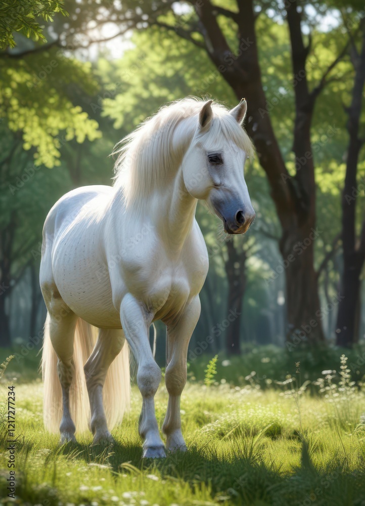 Rare white stallion with shimmering silver mane grazing in a serene forest glade, animal, equine Rare white stallion with shimmering silver mane grazing in a serene forest glade, animal, equine