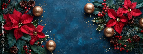 A holiday wreath adorned with red poinsettias, green leaves, and gold ornaments against a blue backdrop