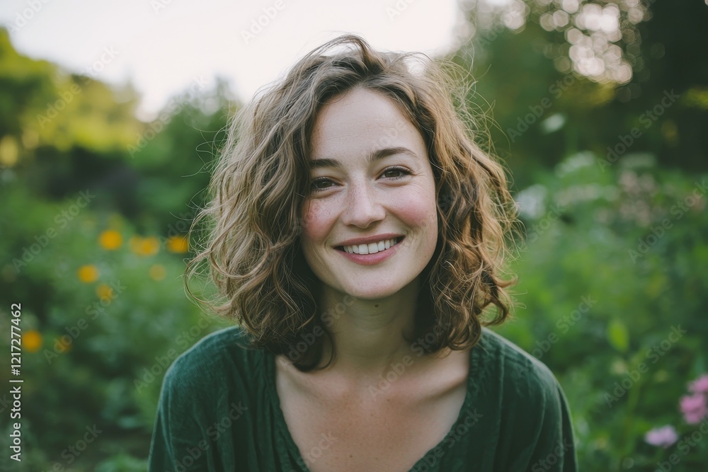 A gorgeous young woman poses with a cheerful smile for the camera A gorgeous young woman poses with a cheerful smile for the camera