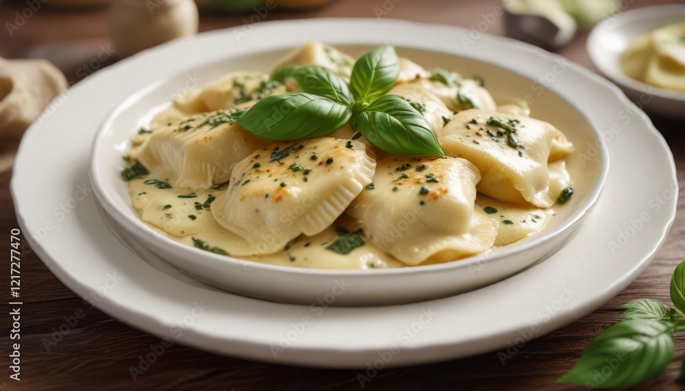 Ravioli filled with ricotta and herb mixture served in a shallow bowl garnished with fresh basil leaves and cream sauce, ravioli, pasta Ravioli filled with ricotta and herb mixture served in a shallow bowl garnished with fresh basil leaves and cream sauce, ravioli, pasta