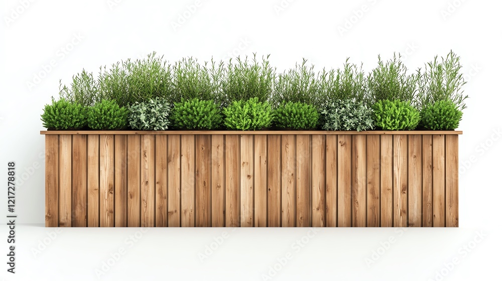 Fototapeta premium Wooden planter filled with lush green herbs and plants against a white isolated background.