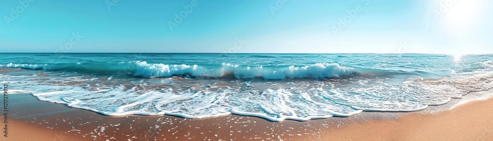 Fototapeta premium A serene beachscape featuring gentle waves lapping against golden sand under a clear blue sky.