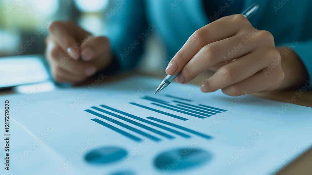 Analyzing the Data: A close-up shot of a hand holding a pen, meticulously analyzing a financial report filled with charts and graphs. Analyzing the Data: A close-up shot of a hand holding a pen, meticulously analyzing a financial report filled with charts and graphs.