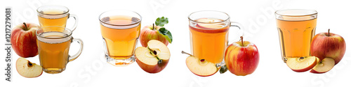 The image showcases various glasses of apple cider alongside whole and sliced apples, emphasizing the refreshing beverage and its natural ingredients.