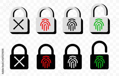 Fingerprint padlock, lock, closed and opened, graphic design. Keyless, thumbprint, biometric and scanning, vector design and illustration