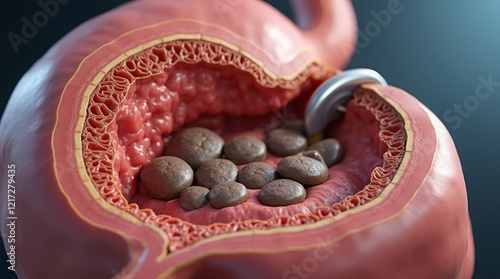 Gallbladder cutting showing gallstones obstructing bile duct on medical background. 3d illustration photo