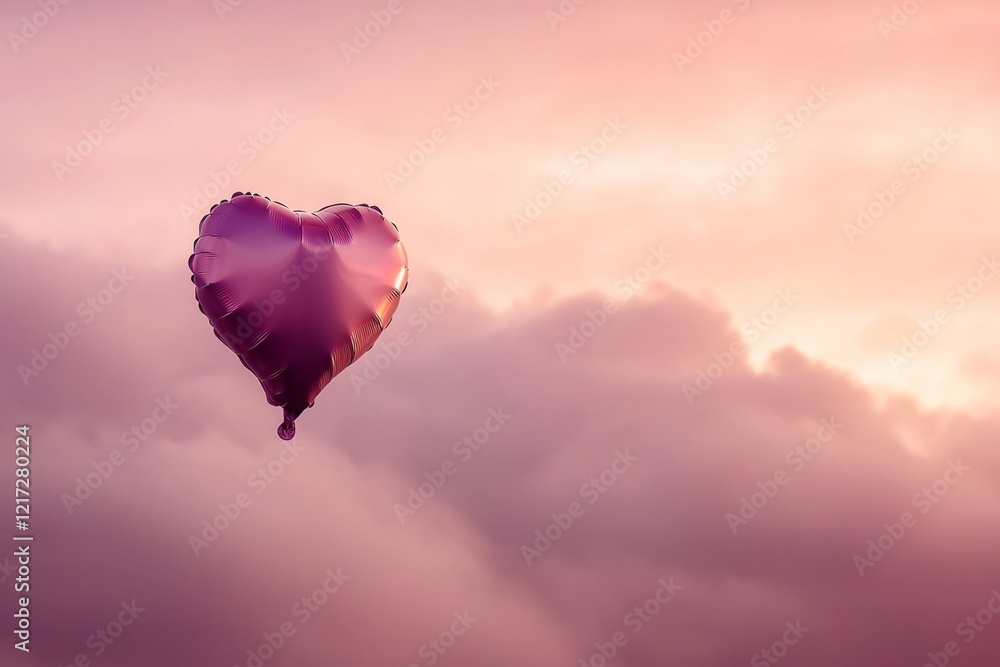 Obraz premium Lavender heart-shaped balloon drifting through pastel sunset, symbolizing love and whimsy against soft pink sky