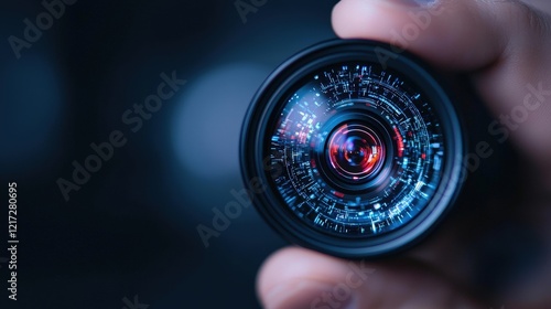 Person holding camera lens with ai-driven automation technology in modern studio environment