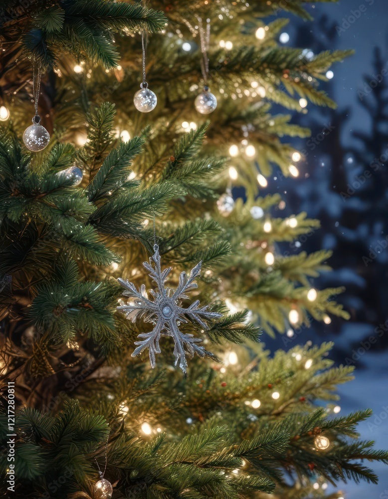 Snowflakes gently falling on Christmas tree branches with lights and ornaments, holiday, decoration, christmas Snowflakes gently falling on Christmas tree branches with lights and ornaments, holiday, decoration, christmas