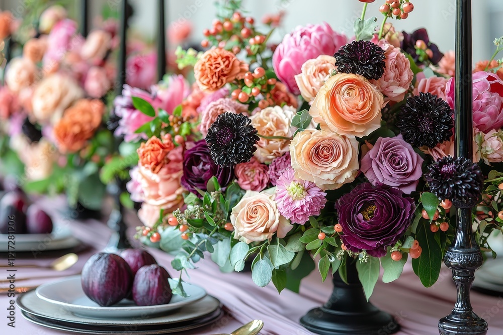 Table wedding decor featuring red and black tones, with a bouquet of pink, blue, and red flowers and candles in bottles Table wedding decor featuring red and black tones, with a bouquet of pink, blue, and red flowers and candles in bottles
