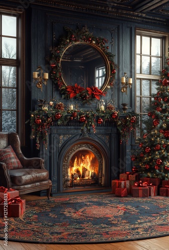 Wallpaper Mural Christmas home decorations, complete with festive decor and a fireplace, fill the space Torontodigital.ca