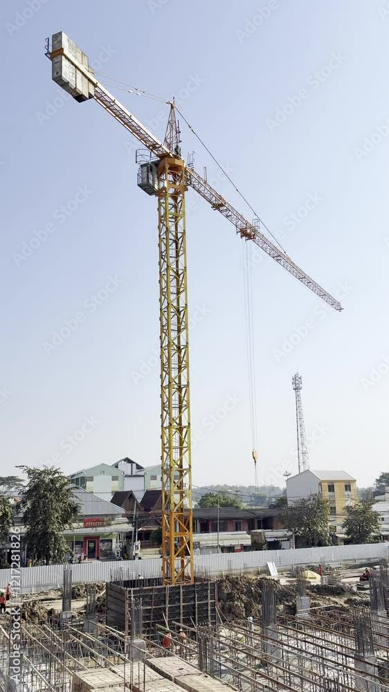 Large construction crane working at construction site outdoor with blue sky background. Industrial tower crane works at building site in city. Building industry. Large construction crane working at construction site outdoor with blue sky background. Industrial tower crane works at building site in city. Building industry.