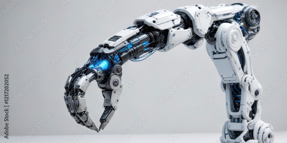 Robotic arm with glowing blue circuits on a white background, circuit, robot, machine Robotic arm with glowing blue circuits on a white background, circuit, robot, machine