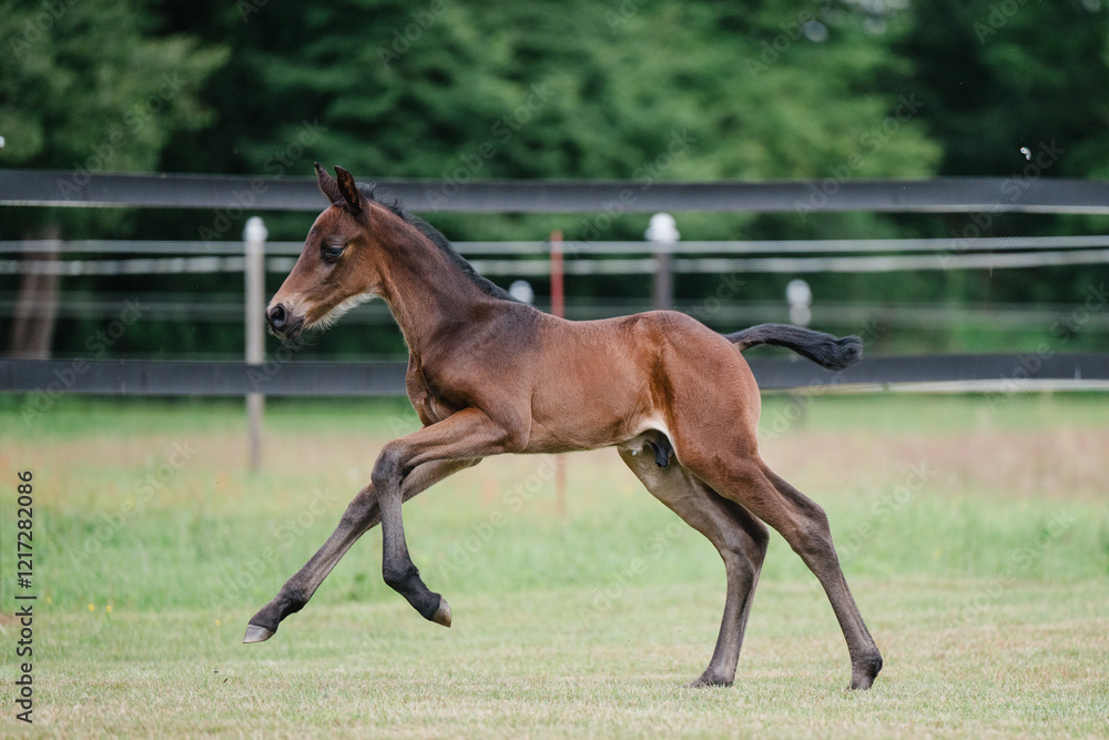 Junges braunes Fohlen auf einer Sommerwiese, Warmblut Pferd galoppiert über eine Weide, kleines stolzes Hengstfohlen