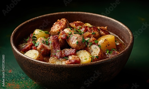 Traditional Irish coddle served in a brown bowl with potatoes, sausages, and bacon against a muted green background