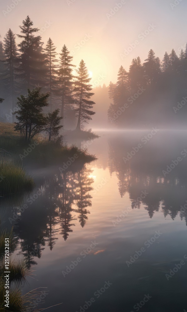 Fototapeta premium Softly glowing mist surrounds a serene lake at dawn, dawn, soft glow