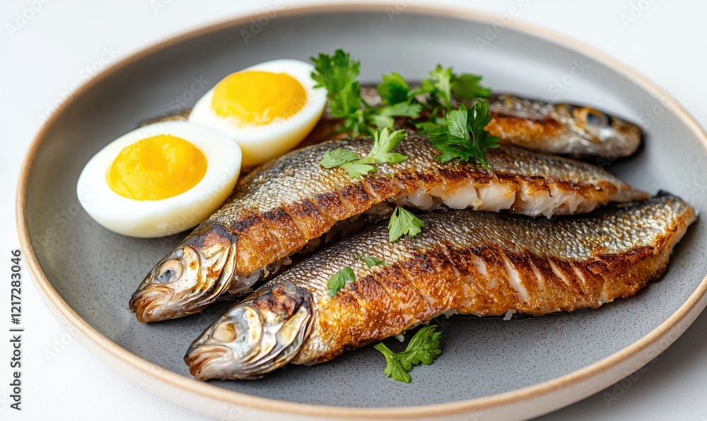 Grilled kippers served with boiled eggs and garnished with fresh herbs on a grey plate in a cozy dining setting Grilled kippers served with boiled eggs and garnished with fresh herbs on a grey plate in a cozy dining setting