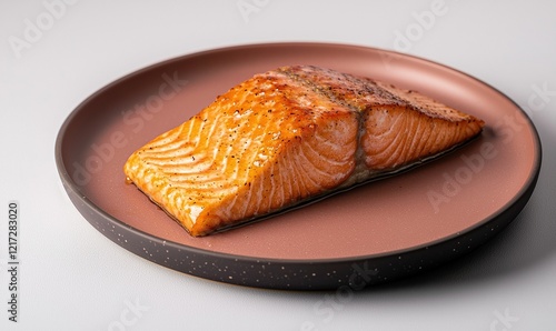 Deliciously grilled Tasmanian salmon served on a smooth dark pink plate against a light grey backdrop in a cozy dining setting photo